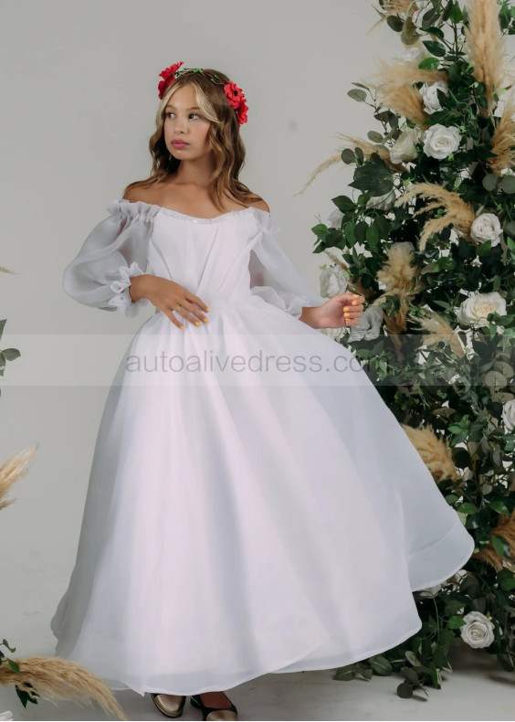 Off Shoulder White Organza Corset Back Flower Girl Dress Off Shoulder White Organza Corset Back Flower Girl Dress